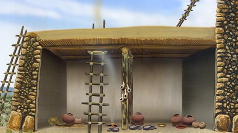 Artists conception of the interior of a pueblo, showing construction, entrance ladders, and pots