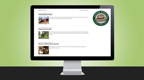 Cartoon of a computer monitor with online junior ranger activities displayed on screen 