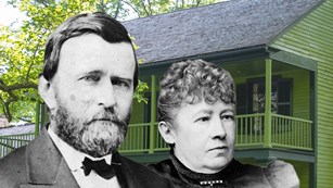 Black and white images of man and woman superimposed in front of a green frame house.