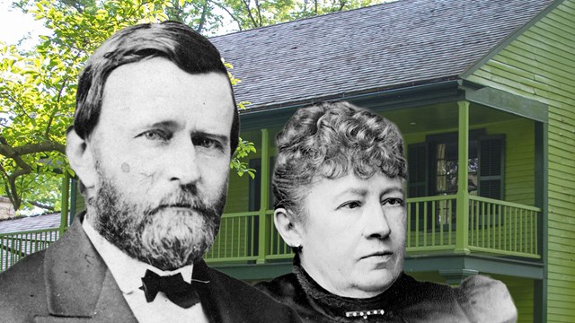 Black and white images of man and woman superimposed in front of a green frame house.