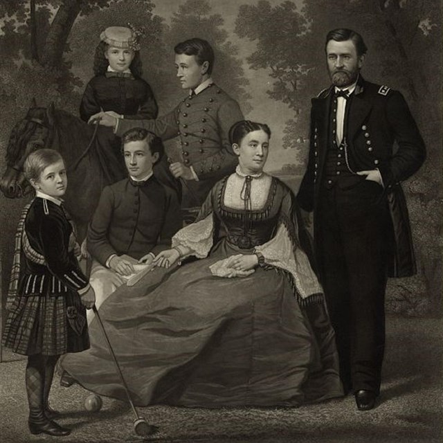 Artistic rendering of a family of six people posing for a photo with trees in the background.