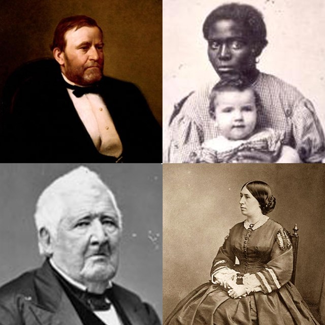 4 small images -- Grant, enslaved African American woman holding white child, Mr. Dent & Julia