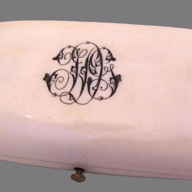Ivory sewing case with JDG initials in black