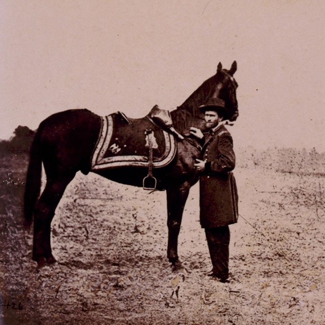 Ulysses S. Grant, full-length portrait, facing left, standing alongside his war horse, 