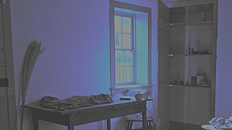 A photograph of the interior of slave quarters at Hampton NHS with a blue, monochrome filter.