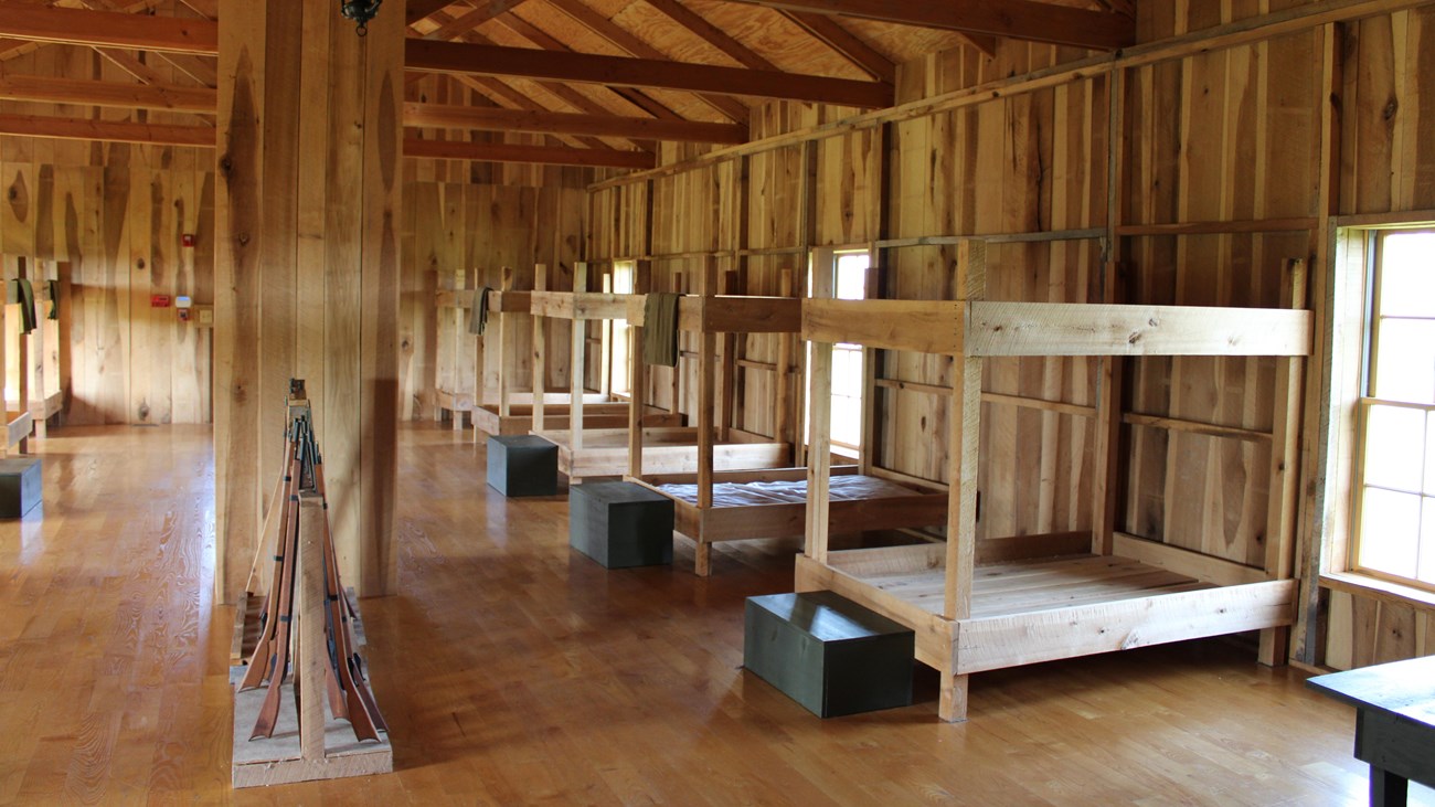 Color photograph of reconstructed barracks at Camp Nelson
