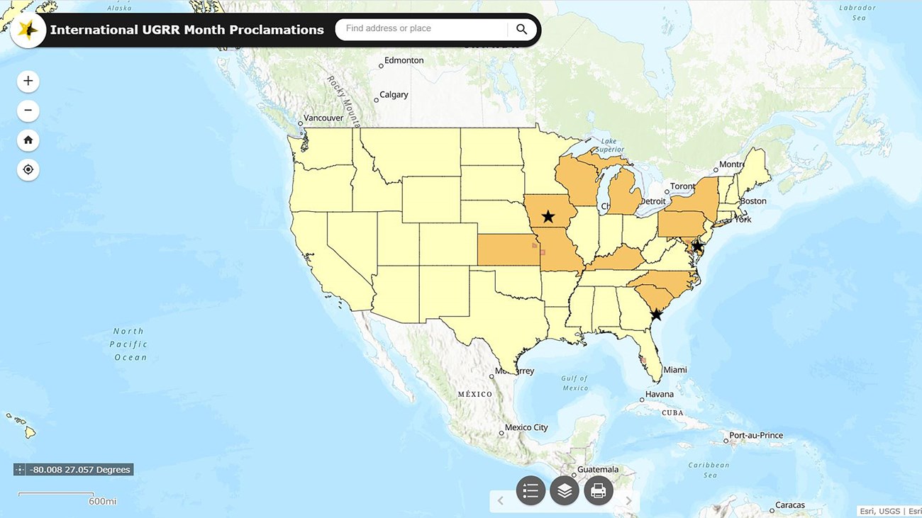 A map showing which states, counties, cities and towns declared September International UGRR Month