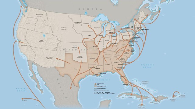 Map with arrows pointing in all directions, representing paths taken by freedom seekers.