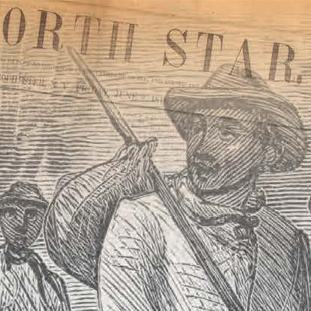 Collage showing freedom seekers travelling and the North Star Newspaper