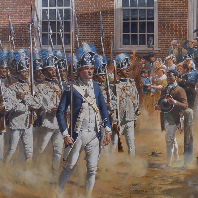 African American soldiers in the Revolutionary War marching down a dusty road with rifles 