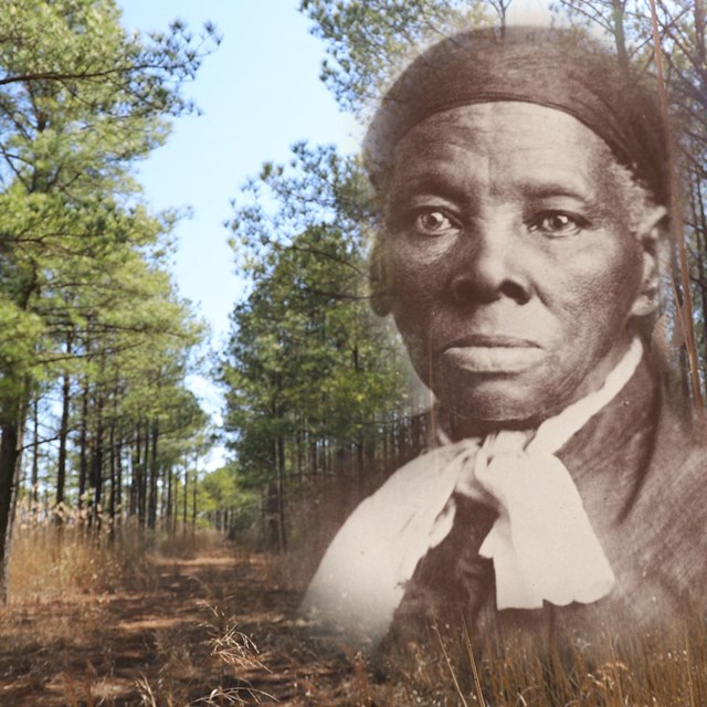 Photograph of Harriet Tubman floats above an image of Maryland's Eastern Shore.