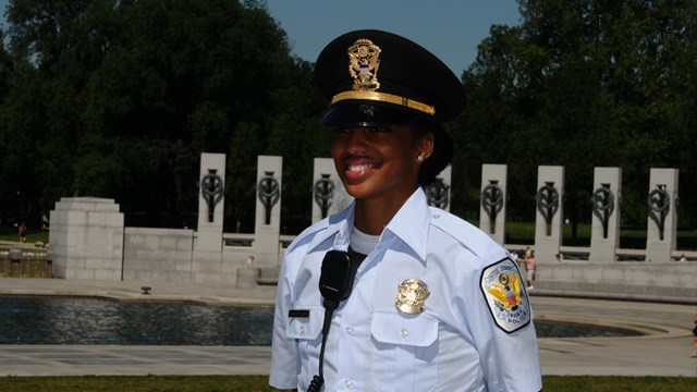 A U.S. Park Police officer at the World War II Memorial.