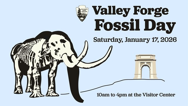 illustration of a mastodon silhouette with bones highlighted. national memorial arch in background