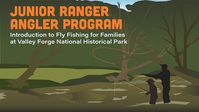 Illustration of two people standing in a forested creek holding fishing rods