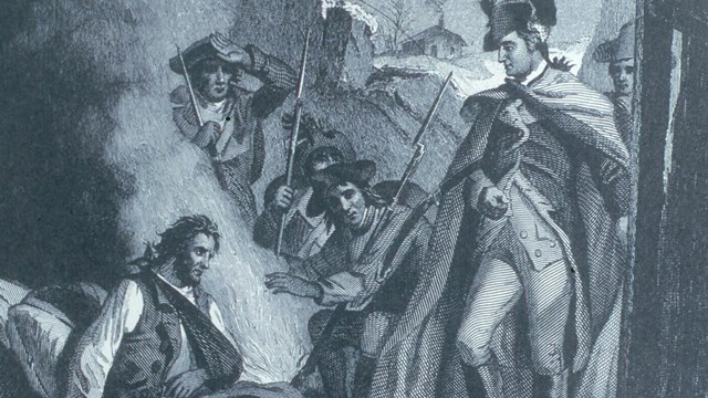 An engraving of General Washington inspecting the soldiers in deplorable conditions.
