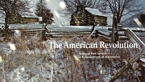 The inside cover of the American Revolution Handbook, with a photograph of snow at Valley Forge