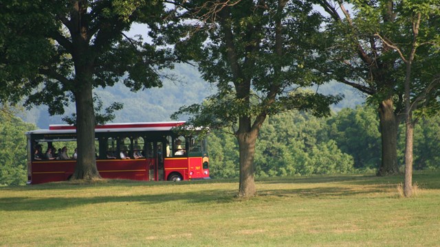 photograph, outdoors, red and yellow trolley travels up a wooded hill