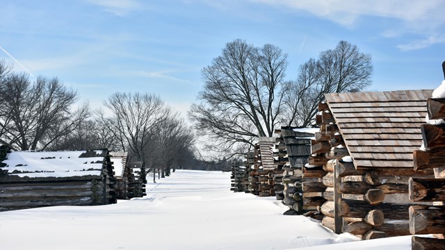 Log huts sit in the snow under a clear blue sky.