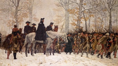 Painting of George Washington and soldiers in a snowy forest