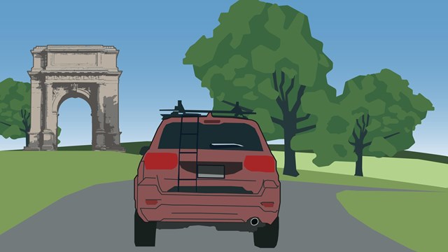 An illustration of the National Memorial Arch, trees, and the back of a vehicle.