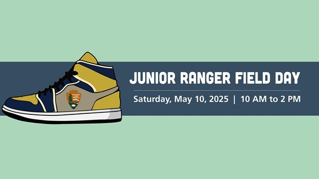 Illustrated graphic of a blue and yellow shoe with the National Park Service logo on the side.