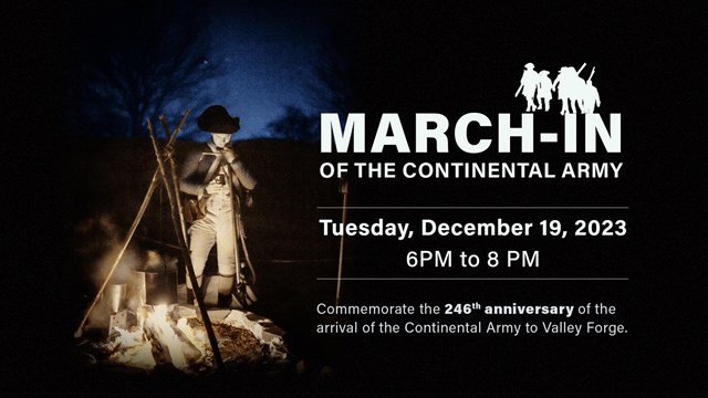 A revolutionary war soldier stands over a fire. March-In of the Continental Army