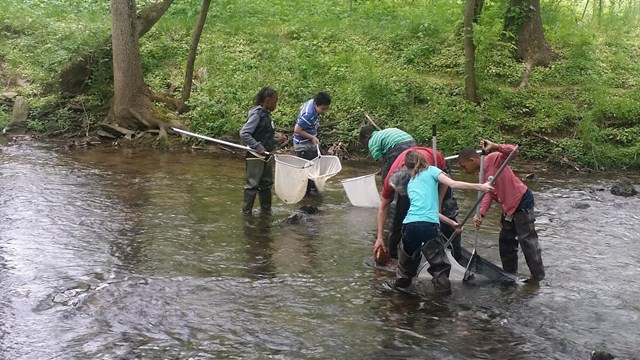 A group of people stand in a creek holding fishing nets.