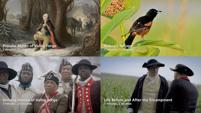 A painting of a man kneeling, a bird, African American soldiers, and farmers
