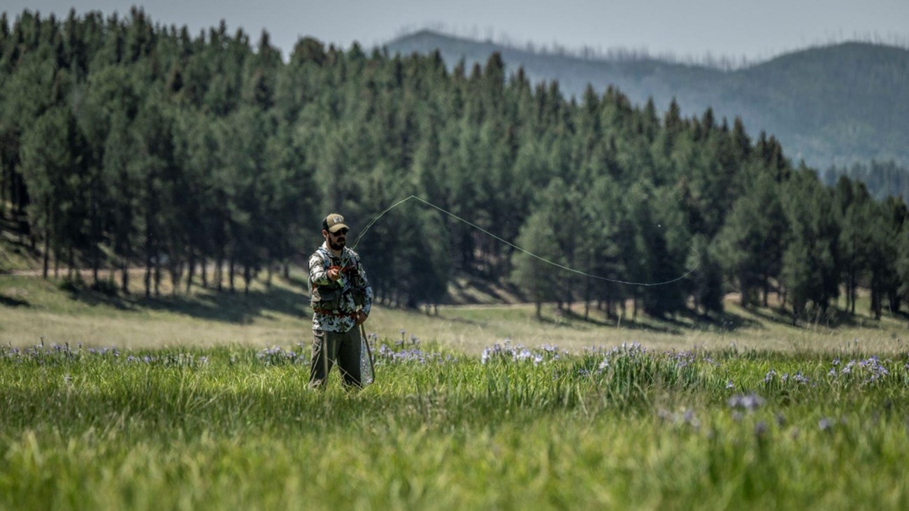 A flyfisherman casts into a narrow stream in a montane grassland.