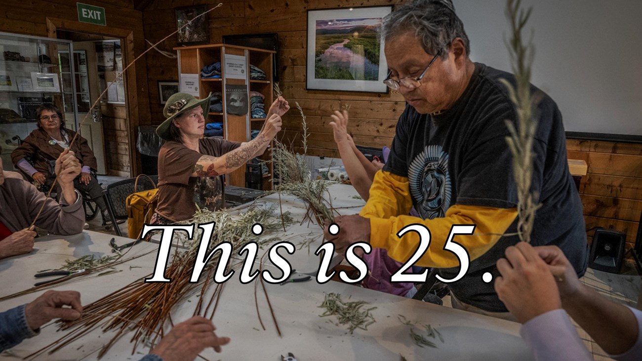A traditional willow basket weaver shares his craft with a room full of people.