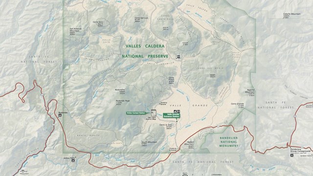 A map showing a square boundary around a volcanic caldera. Within the boundary is Valles Caldera NP.
