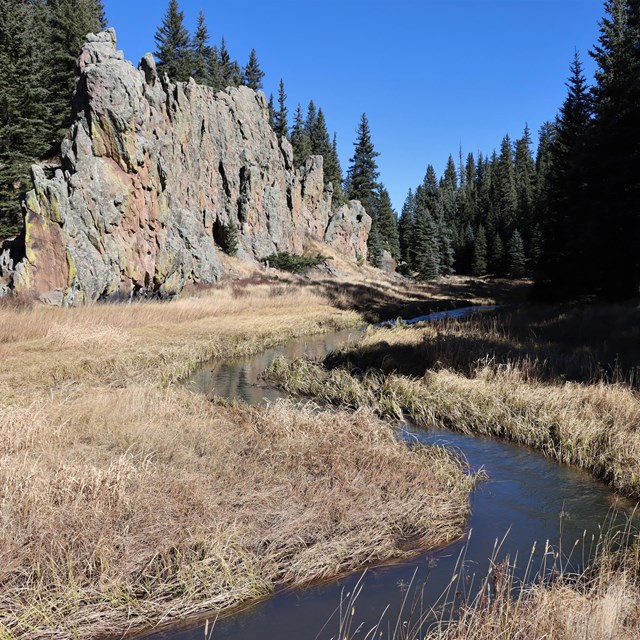 A small stream in a grassy valley surrounded by rock spires and evergreen trees.