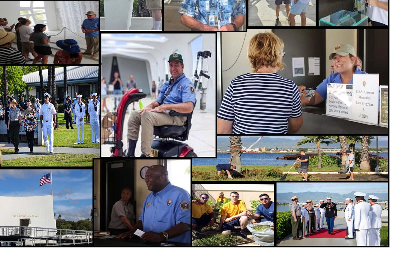 Images of volunteers at work and Pearl Habor National Memorial