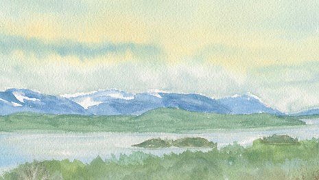 A watercolor painting of a river view with mountains.