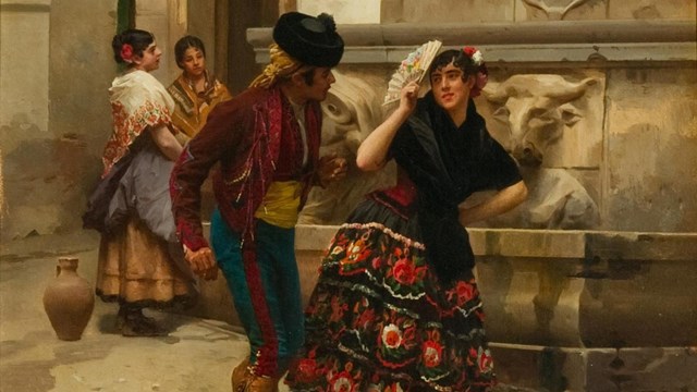 A painting of a Spanish man and woman in colorful costume walking by a fountain.