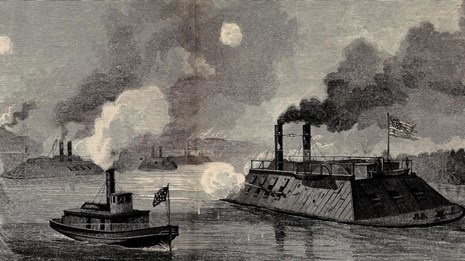 A black and white sketch of Admiral Porter's ironclad gunboats attacking the Grand Gulf defenses.
