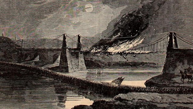 Black and white sketch of soldiers marching across a river