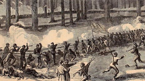 Black and white sketch of soldiers shooting in a line