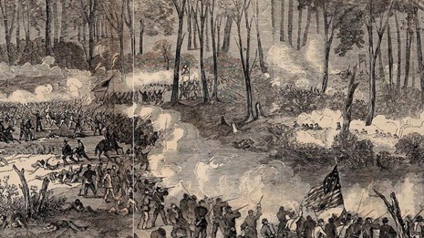 Black and white sketch of Union soldiers in lines attacking Confederates on a hill