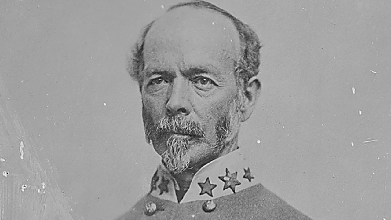 A black and white image of Joseph Johnston in Confederate generals uniform.