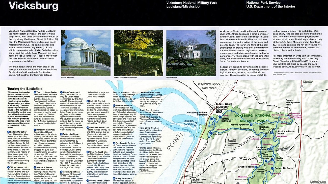 A map showing the park, city of Vicksburg, Mississippi River, and roadways.