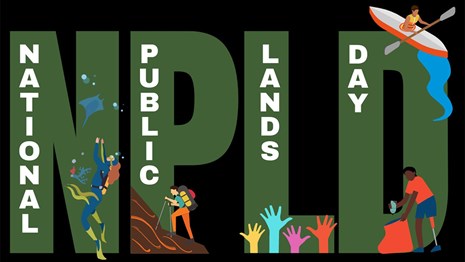 A logo for National Public Lands Day with cartoon scuba diver, hiker, kayaker, and trash collector.
