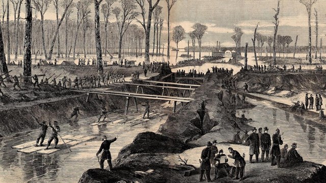 A drawing of soldiers and freedmen digging a canal. 