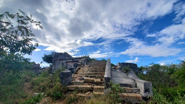 Among thickets of low scrub growth, stairs built of crumbling brick lead to ruins of an estate house