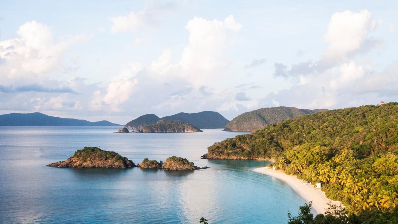 A green hillside slopes from the right, ending at the white sand and turquoise water of Trunk Bay.