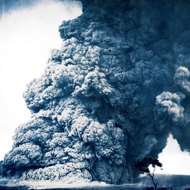 black and white photo of an ash and steam eruption