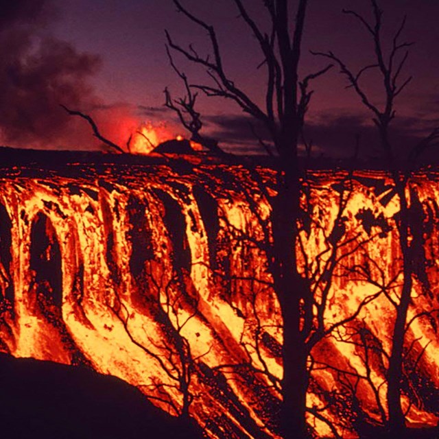 volcanic eruption with flowing lava