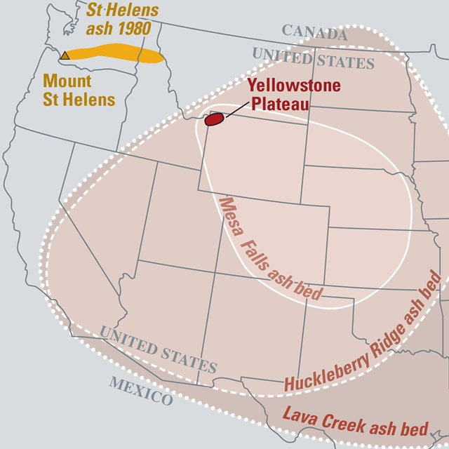 map of western U.S. showing ashfall zones for several large eruptions