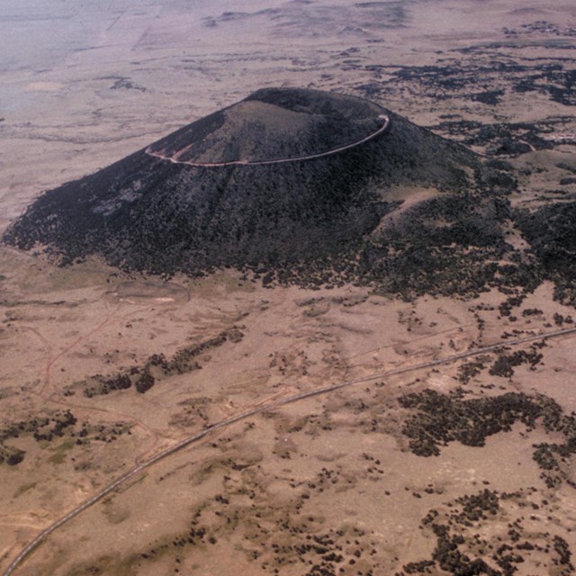 Aerial photo of capulin volcano cinder cone
