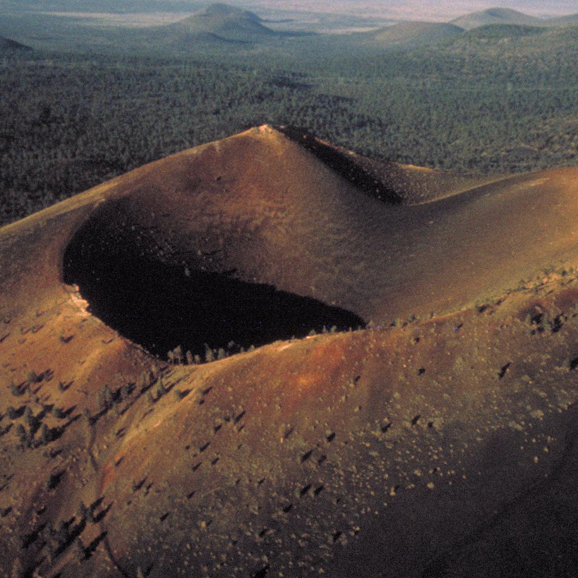 aerial view of a cinder cone volcano